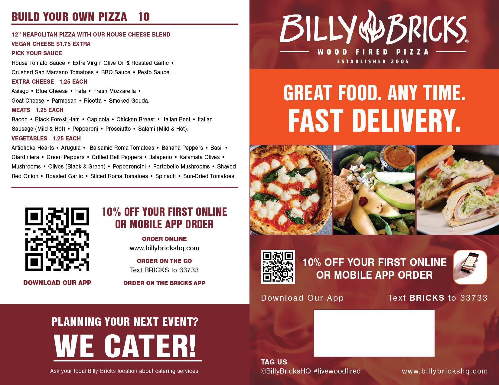 A delivery menu designed for Billy Bricks Pizza after they underwent a rebranding.